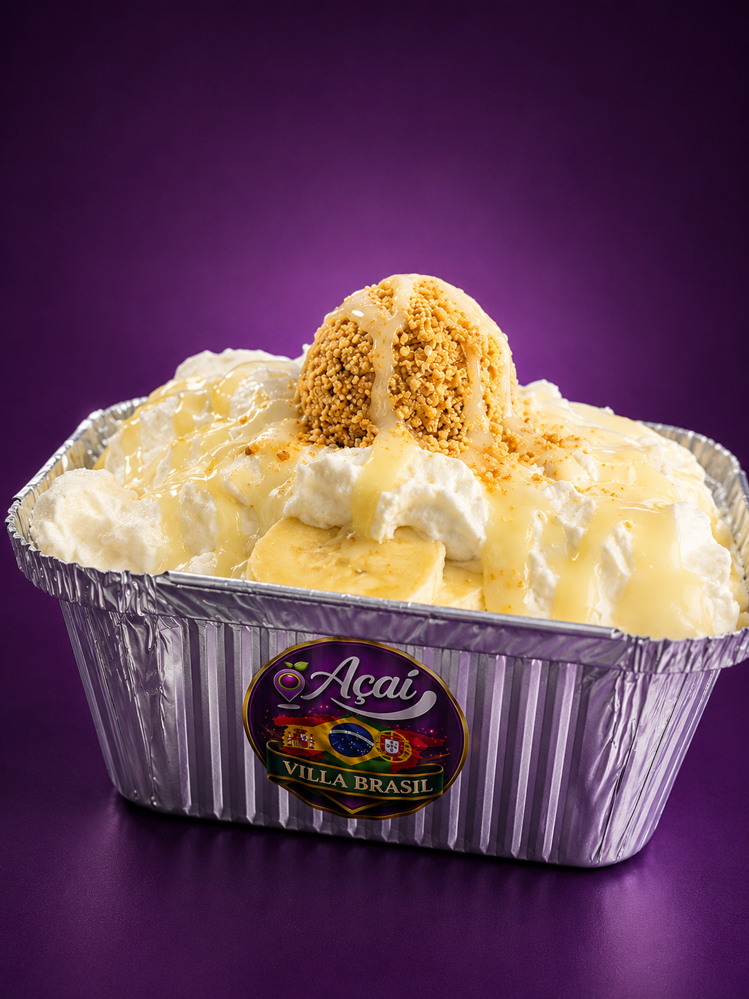 Açaí branco com banana, leite condensado e paçoca